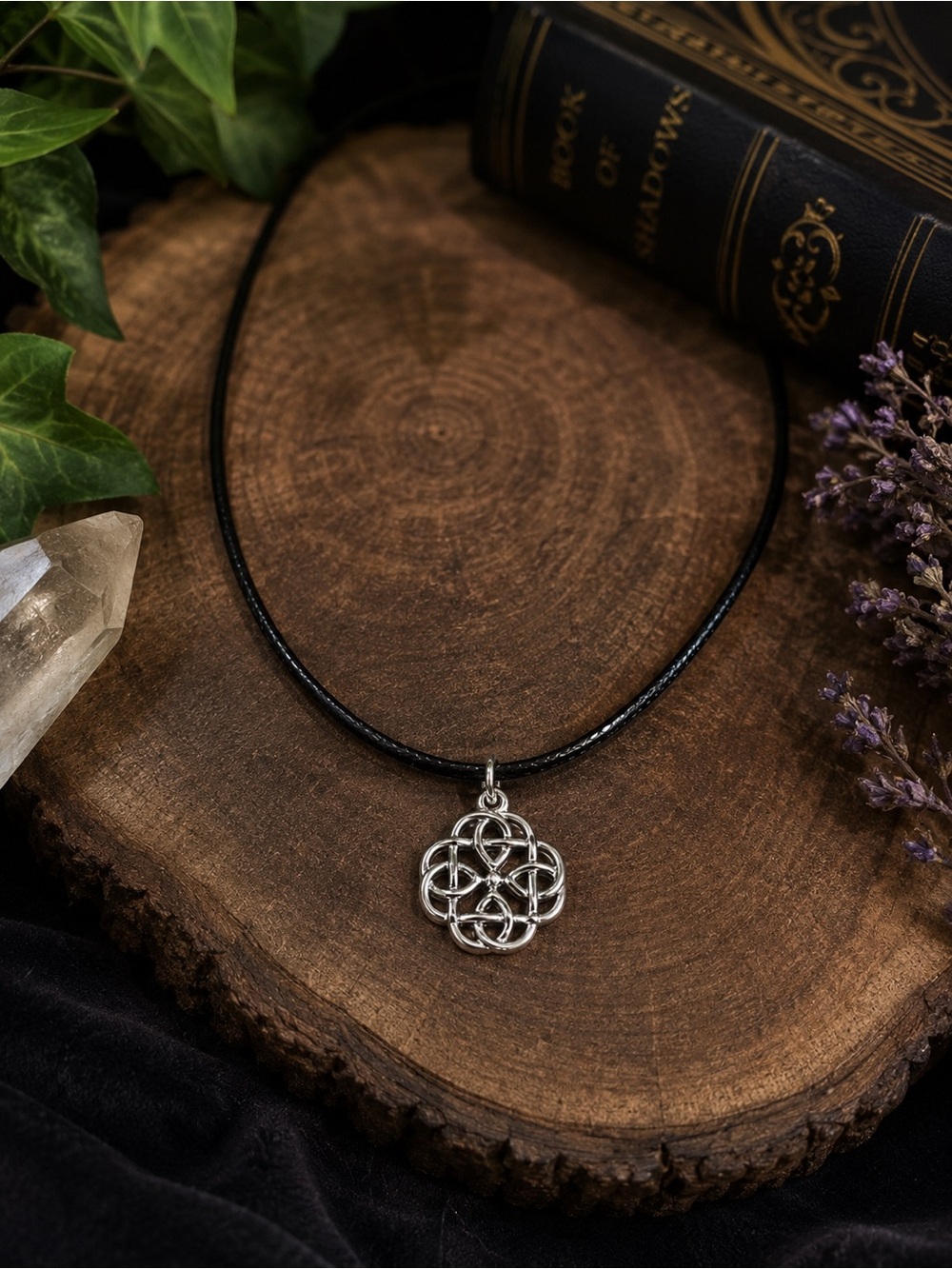 Silver Celtic Knot Pendant Necklace in Black Cord